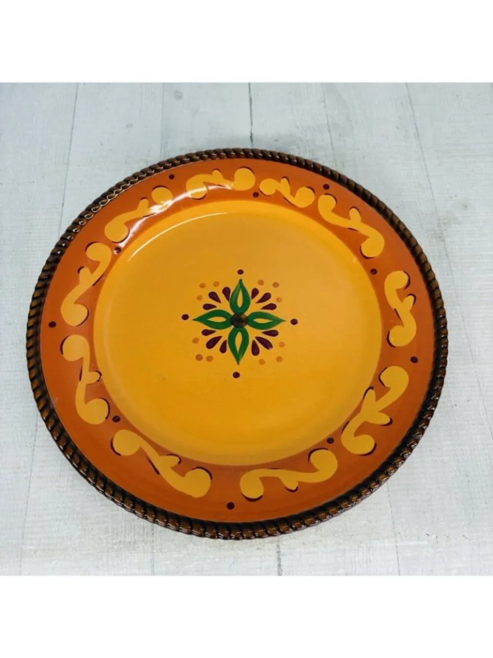 Celebrating Home TUSCAN Orange Red Yellow Rope Trim Stoneware Dinner Plate Set 3